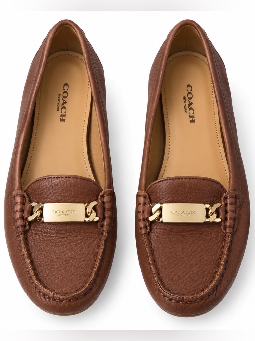 COACH Olive Saddle Brown Pebbled Leather Loafers US Women Size 7M